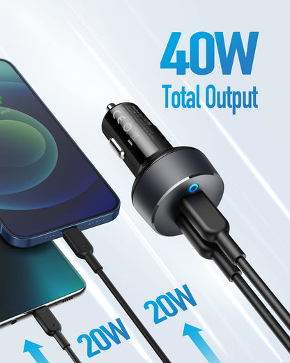 Anker PowerDrive III Duo manufacturer illustration showing 40W total output, 20W per port; phones and cables not included
