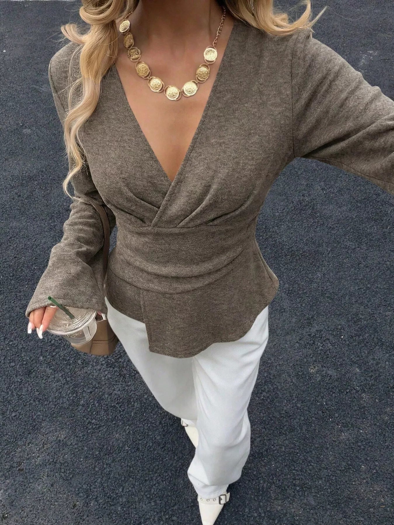 Women's V-neck wrap blouse with asymmetrical hem