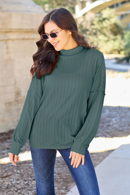 Basic Bae ribbed mock-neck long-sleeve knit top in Turquoise, front view; top only.