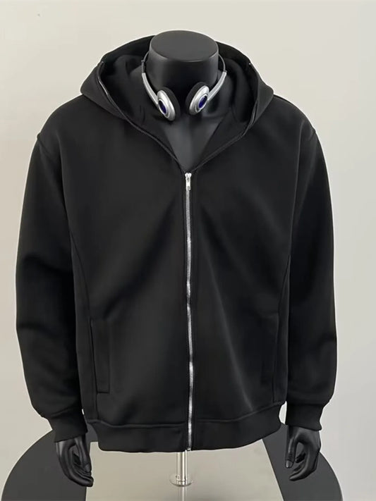 Men's black zip-up long-sleeve hoodie — front view. Hoodie only; display props not included.