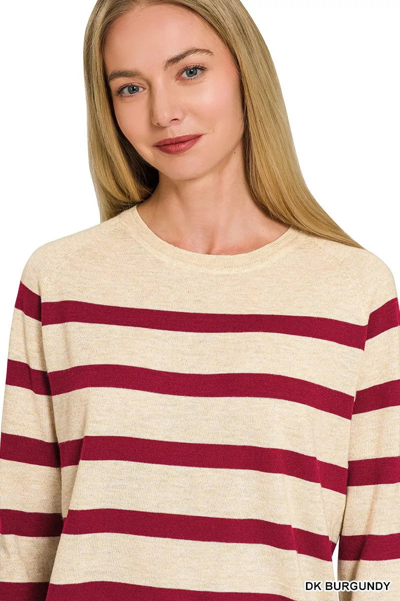 Front detail of the striped Zenana sweater’s round neckline and knit texture.