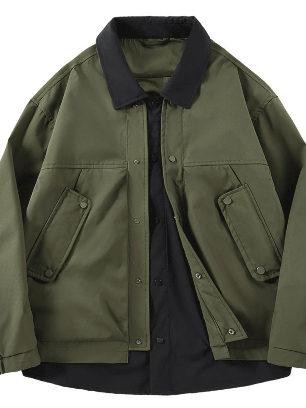 Olive jacket with black contrast panels, front view.