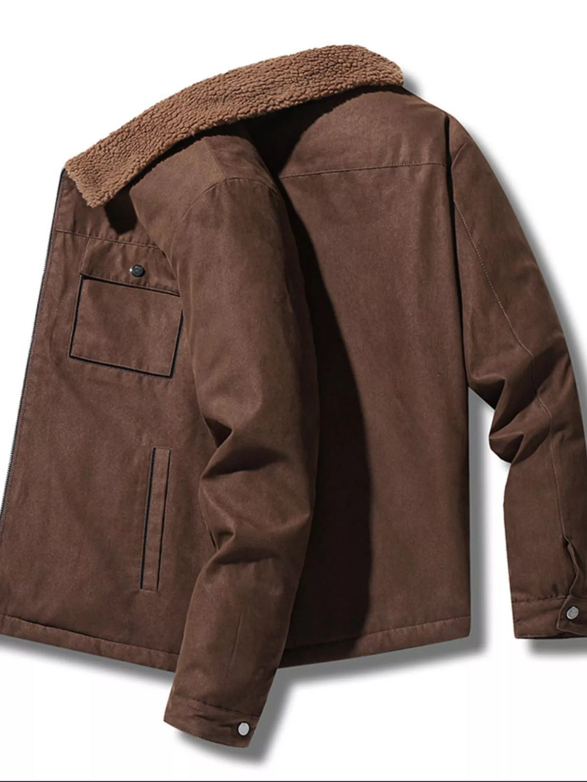 Angled view of the Coffee long-sleeve utility jacket with button cuffs.
