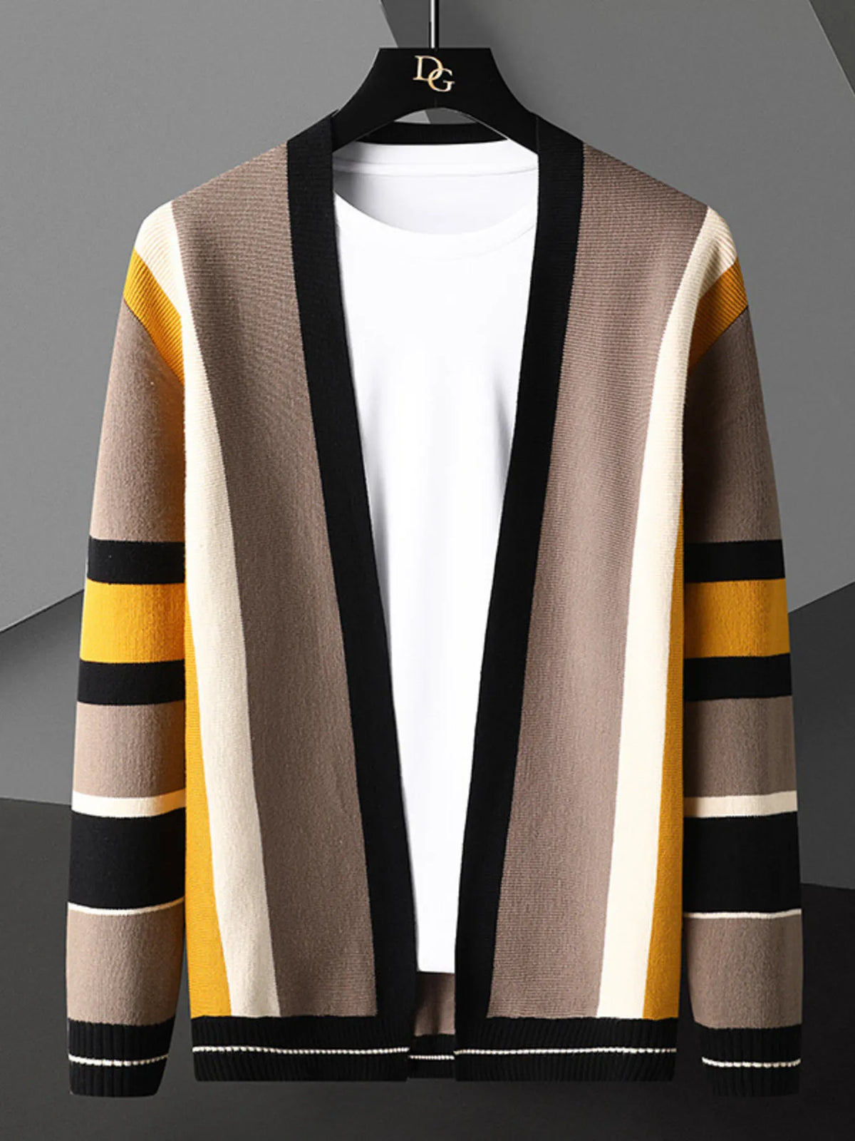 Men's Khakis striped open-front cardigan, front view with yellow, black and cream accents; white shirt and hanger are styling props.