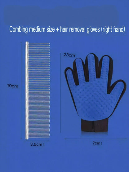 Medium stainless-steel comb shown with a blue right-hand grooming glove.