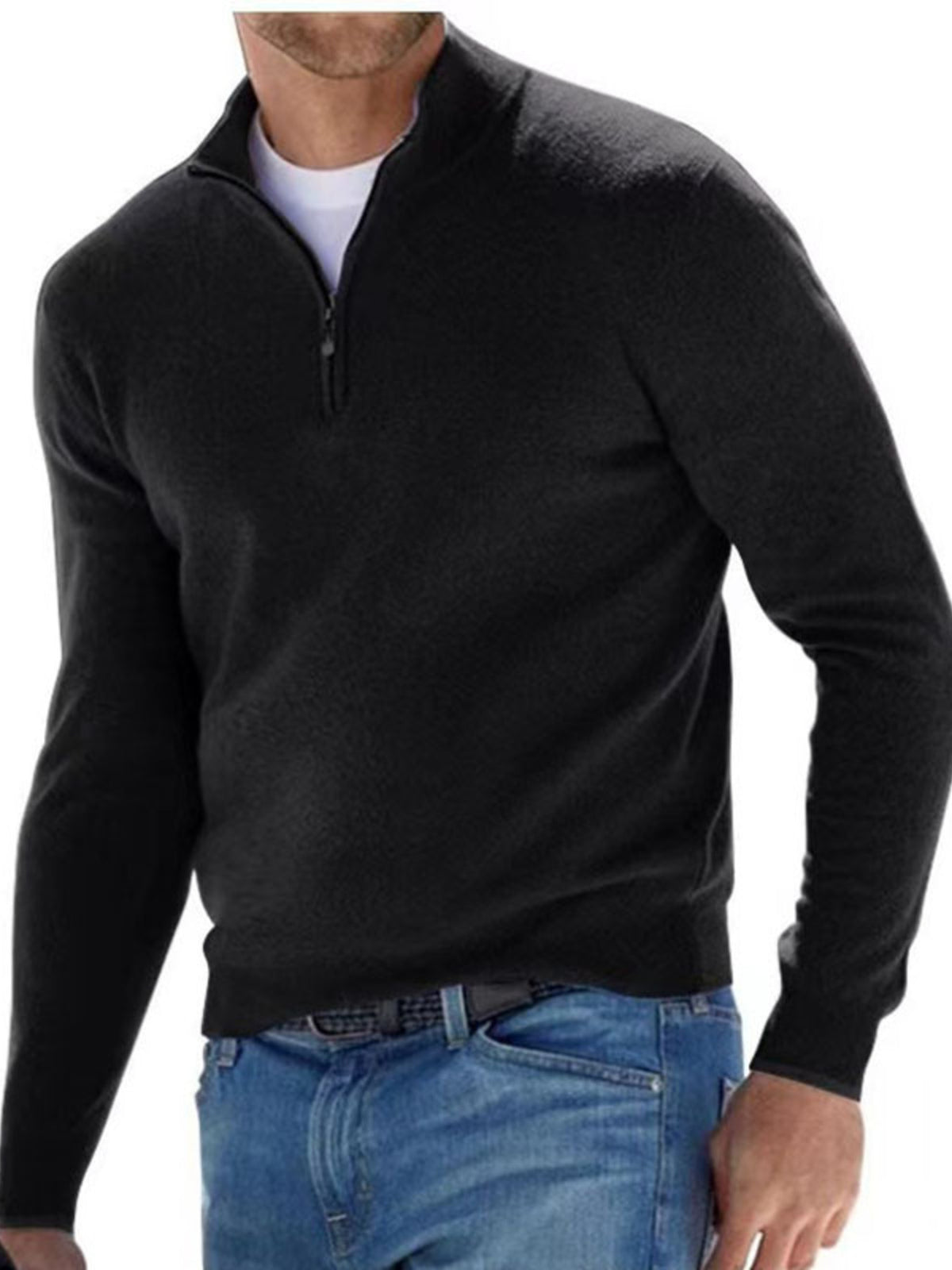 Men's Black quarter-zip long-sleeve sweater, front view; sweater only.