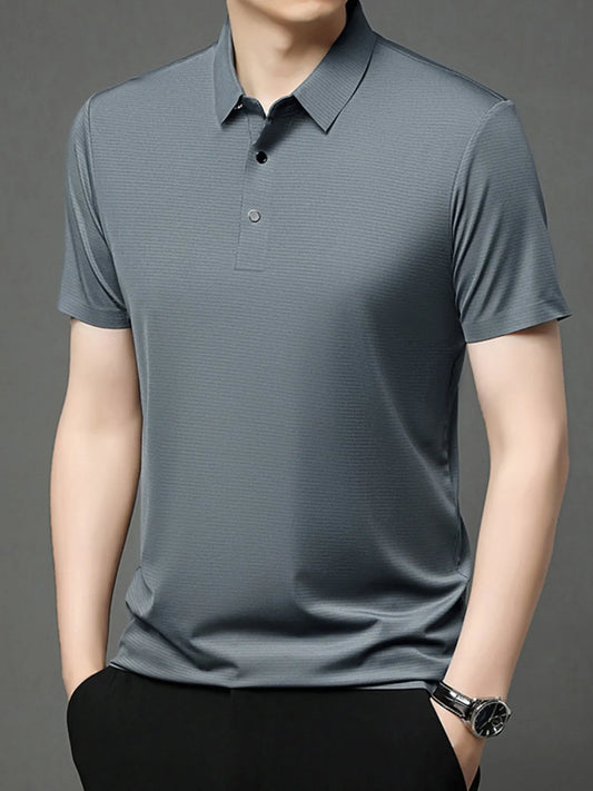 Men's grey textured short-sleeve polo, modelled front view