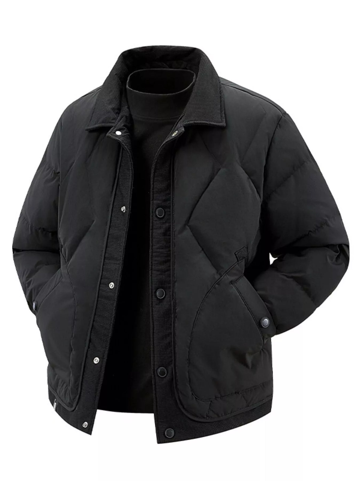 Black quilted coat shown over a separate black top, front view