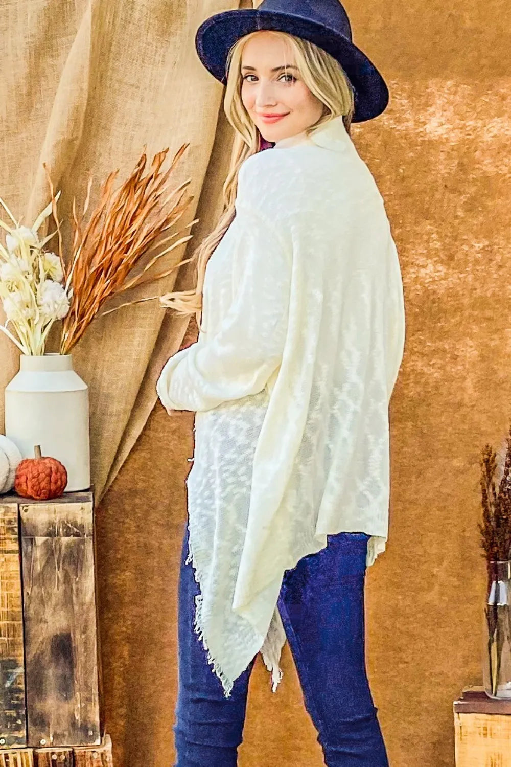 Ivory And The Why textured knit fringe-hem cardigan — side and back view