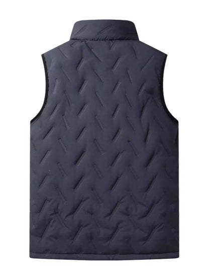 Gray stand-collar men's fleece-lined quilted vest, alternate rear view. One vest only.