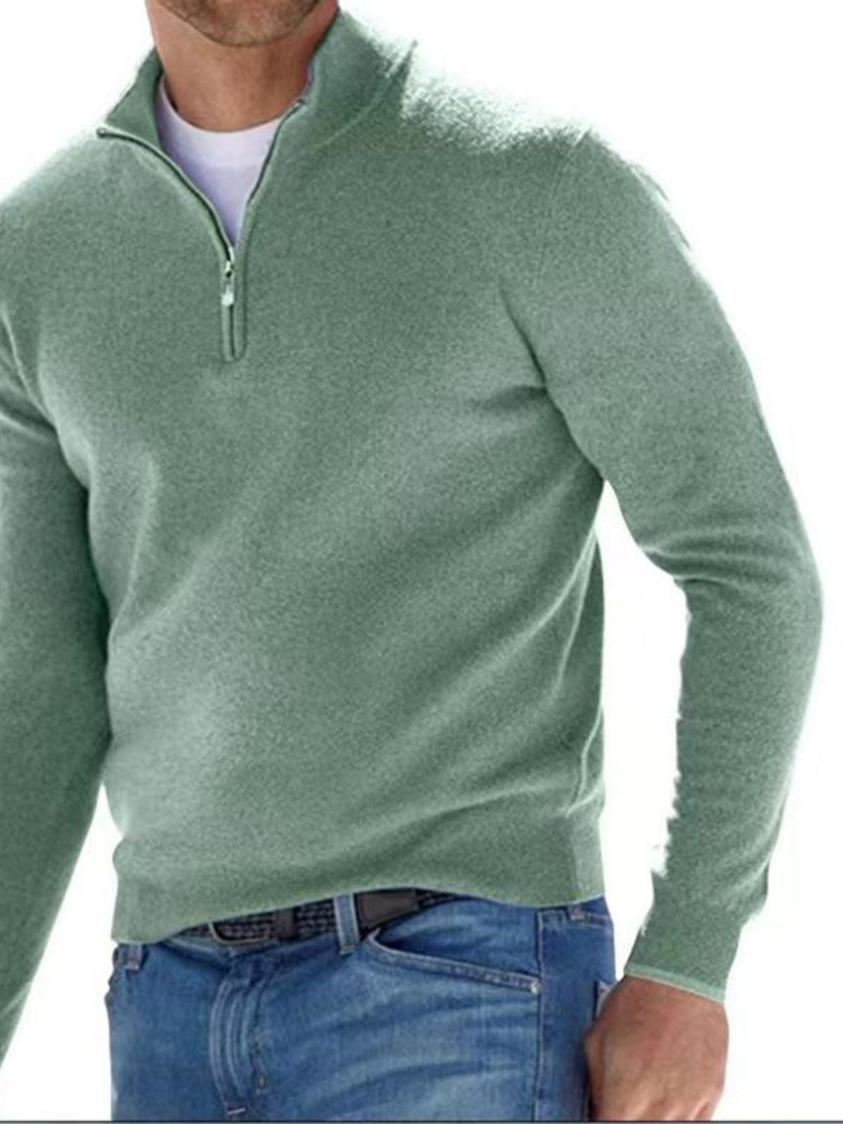 Men's Green quarter-zip long-sleeve sweater, front view; sweater only.