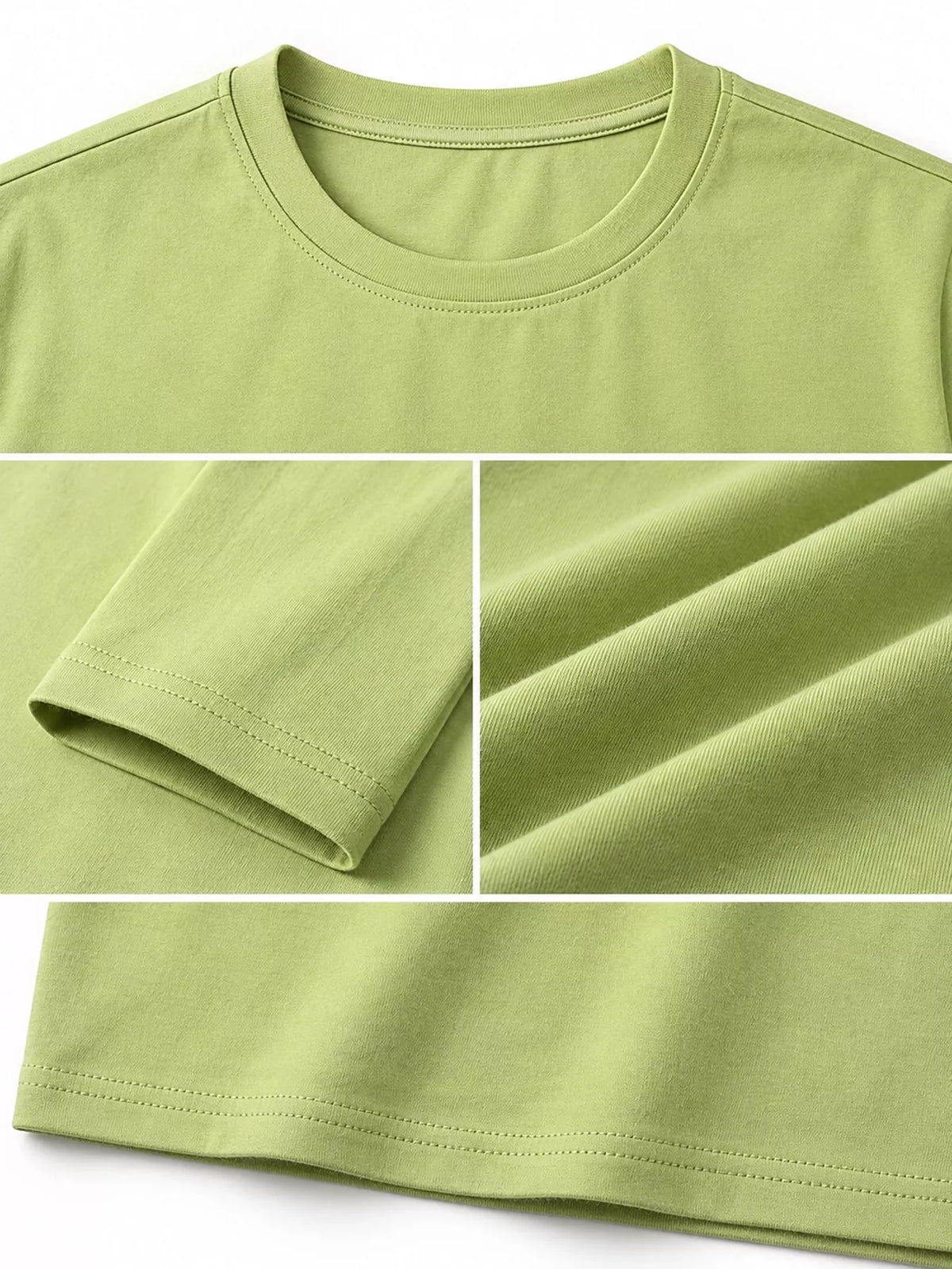 Sage men's cotton long-sleeve crewneck tee, neckline, sleeve and hem details.