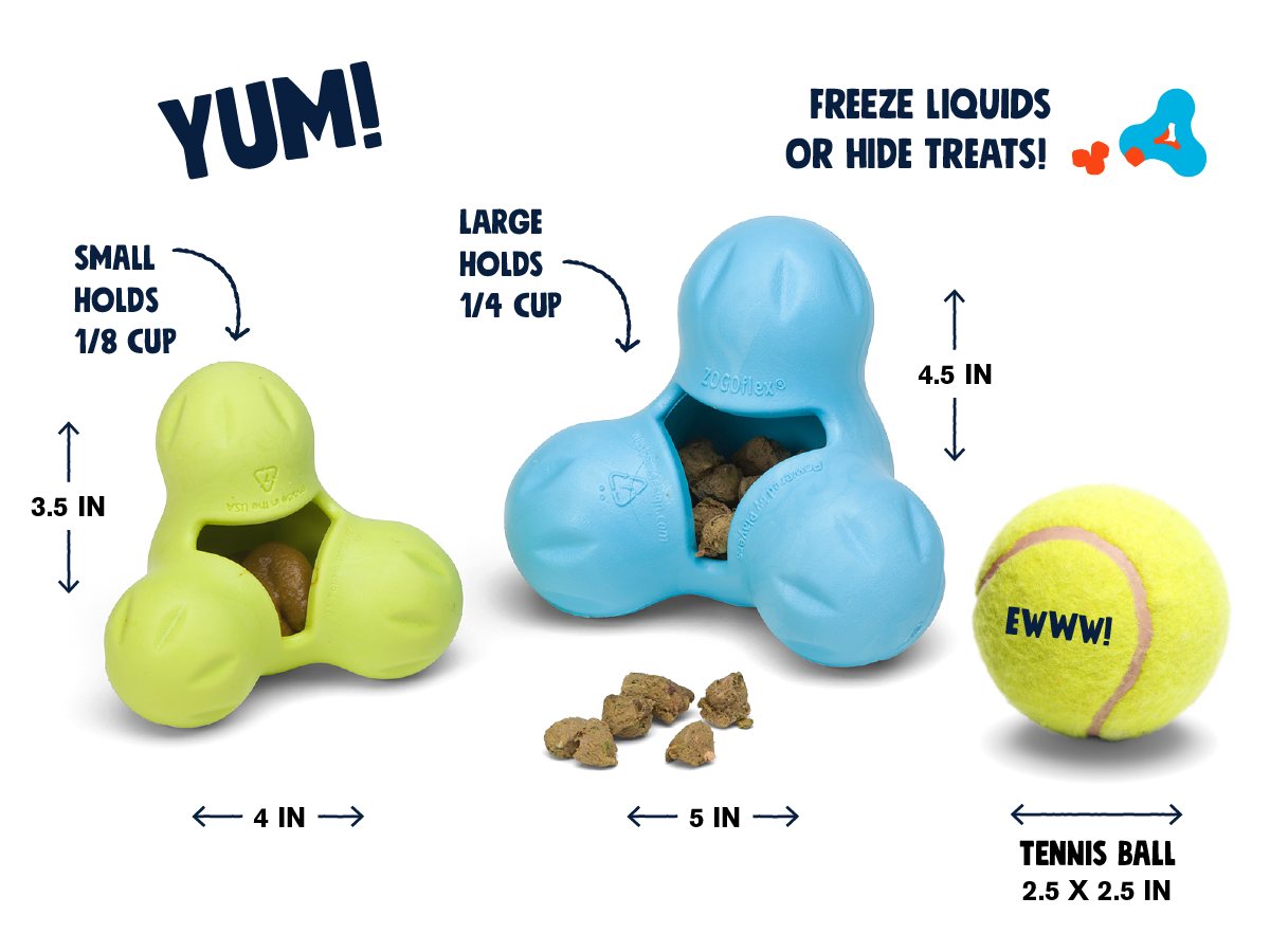 Supplier size comparison of Small and Large West Paw Tux toys; treats and tennis ball shown for illustration and not included.