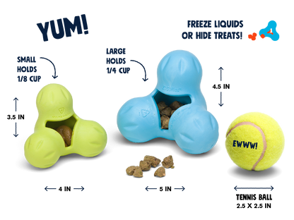 Supplier size comparison of Small and Large West Paw Tux toys; treats and tennis ball shown for illustration and not included.