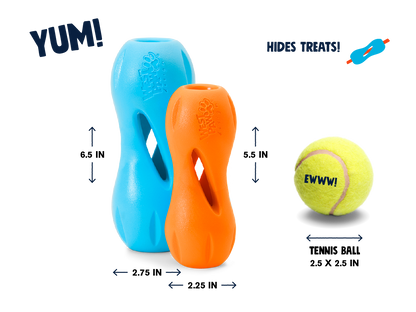 West Paw Qwizl size comparison: Large is 6.5 inches and Small is 5.5 inches; tennis ball shown for scale only and is not included.