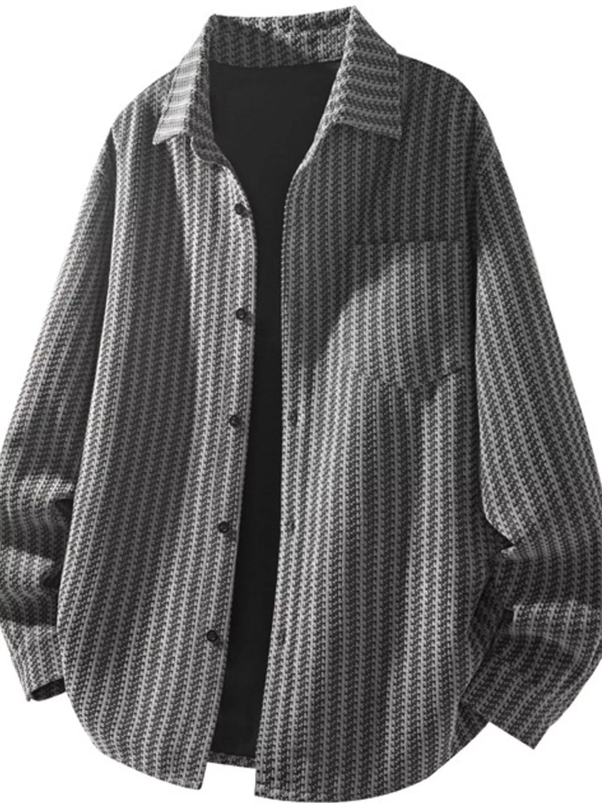 Gray textured men’s button-up shacket, front view; dark inner top not included.