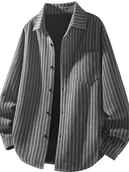 Gray textured men’s button-up shacket, front view; dark inner top not included.