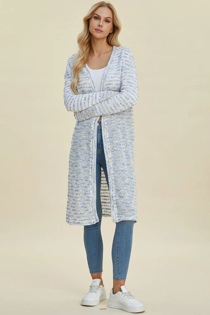 Multicolor Double Take openwork longline cardigan — full-length styling view