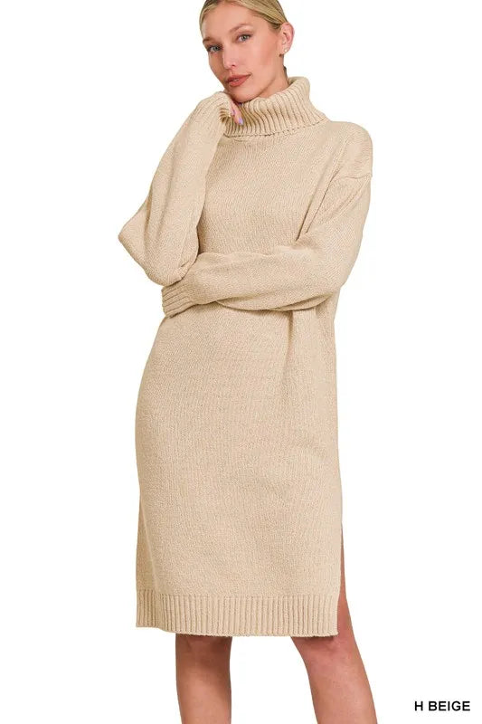 Zenana H Beige turtleneck sweater dress, front view