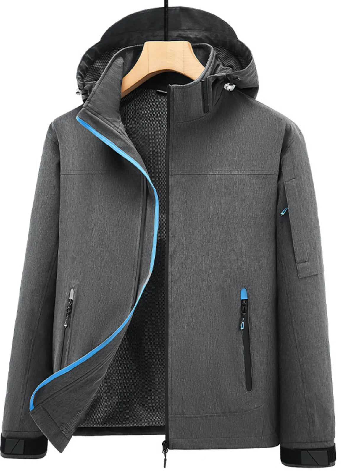 Front three-quarter view of a dark gray hooded zip jacket on a wooden hanger, partly open to show its dark lining and blue zipper trim.