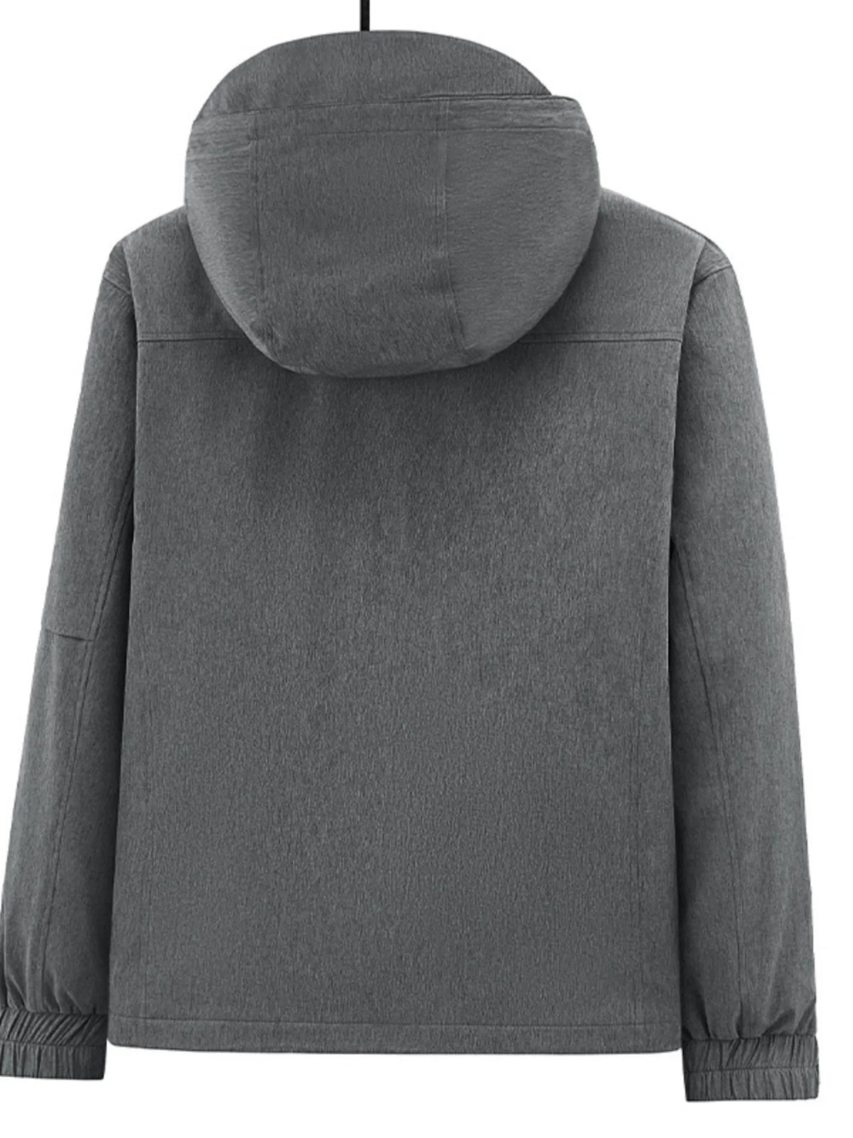 Back view of a dark gray hooded zip jacket on a hanger.