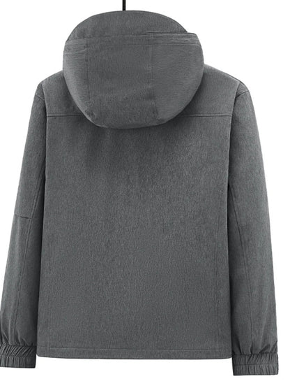 Back view of a dark gray hooded zip jacket on a hanger.