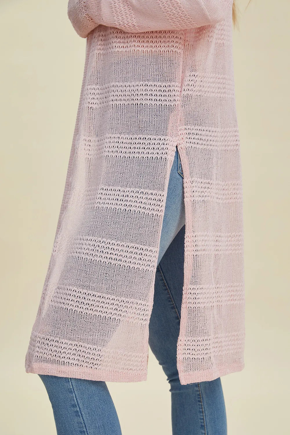 Blush Pink Double Take openwork longline cardigan — knit and side-slit detail