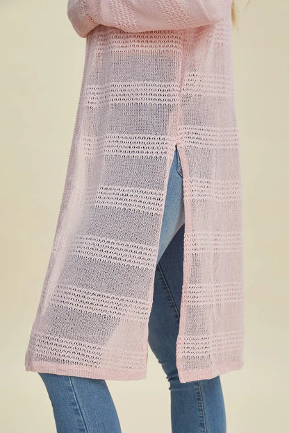 Blush Pink Double Take openwork longline cardigan — knit and side-slit detail