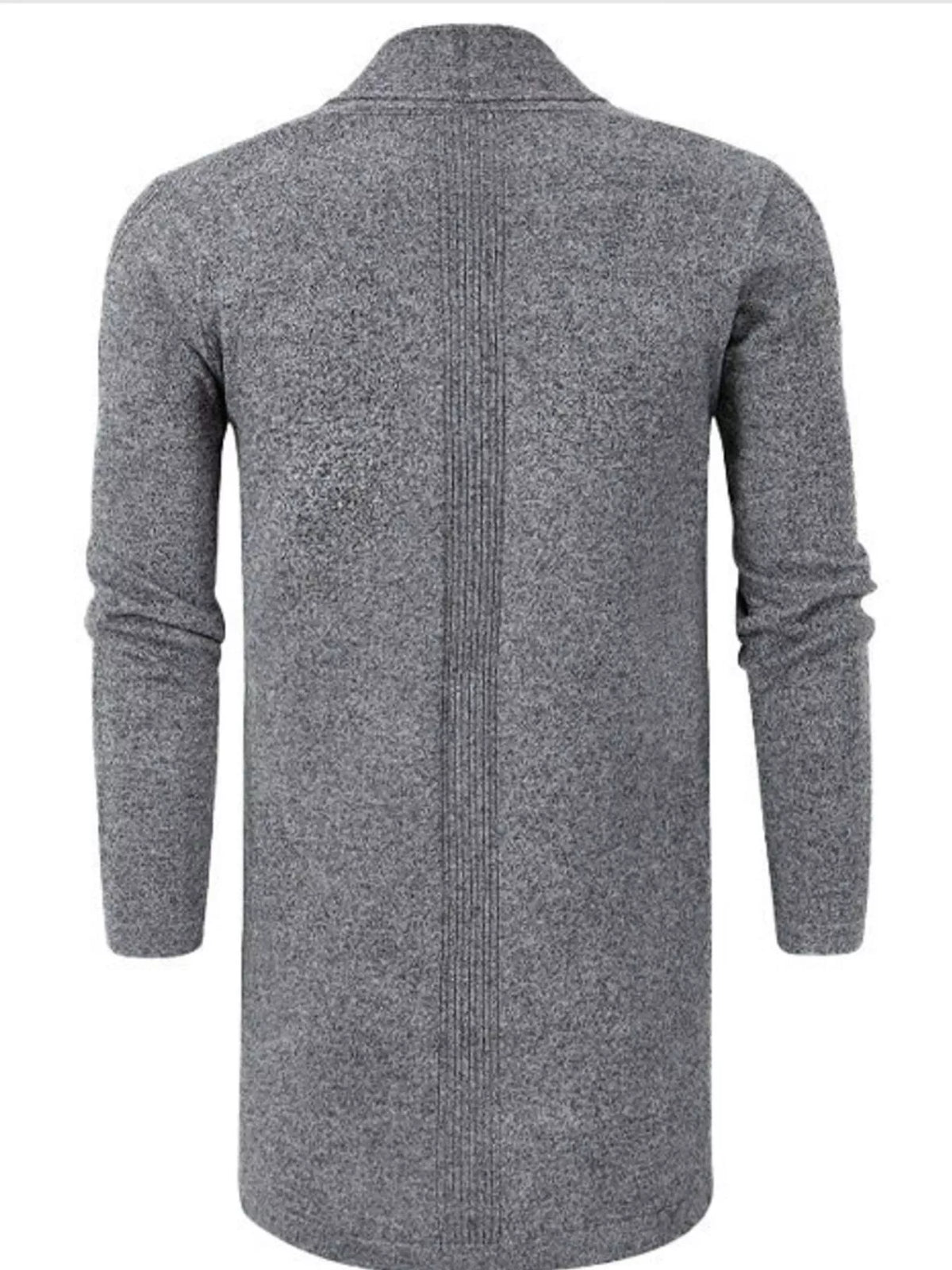 Men's longline ribbed open-front cardigan with long sleeves and front pockets — Gray back view.