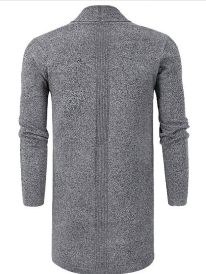 Men's longline ribbed open-front cardigan with long sleeves and front pockets — Gray back view.