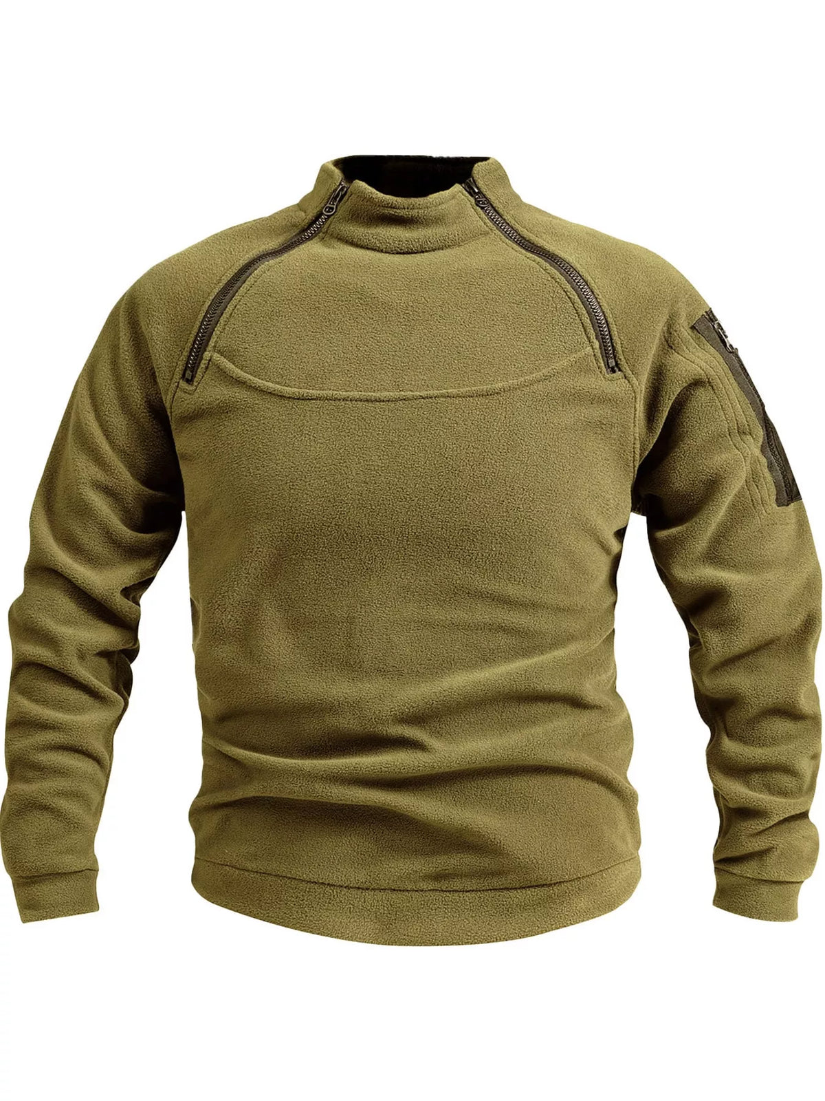 Yellow-Green men's fleece sweatshirt with stand collar, two angled neckline zips and a zippered sleeve pocket, front product view. One sweatshirt only.