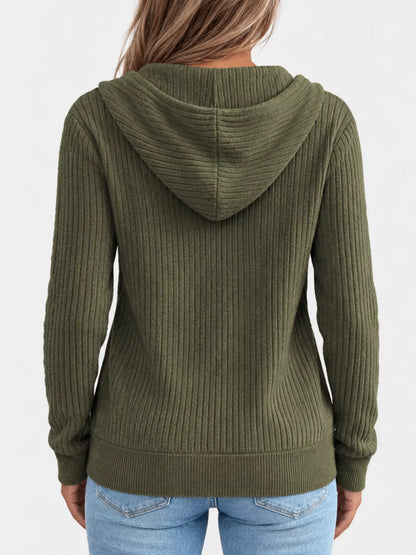 Back view of the olive green ribbed zip-front hooded cardigan with long sleeves.