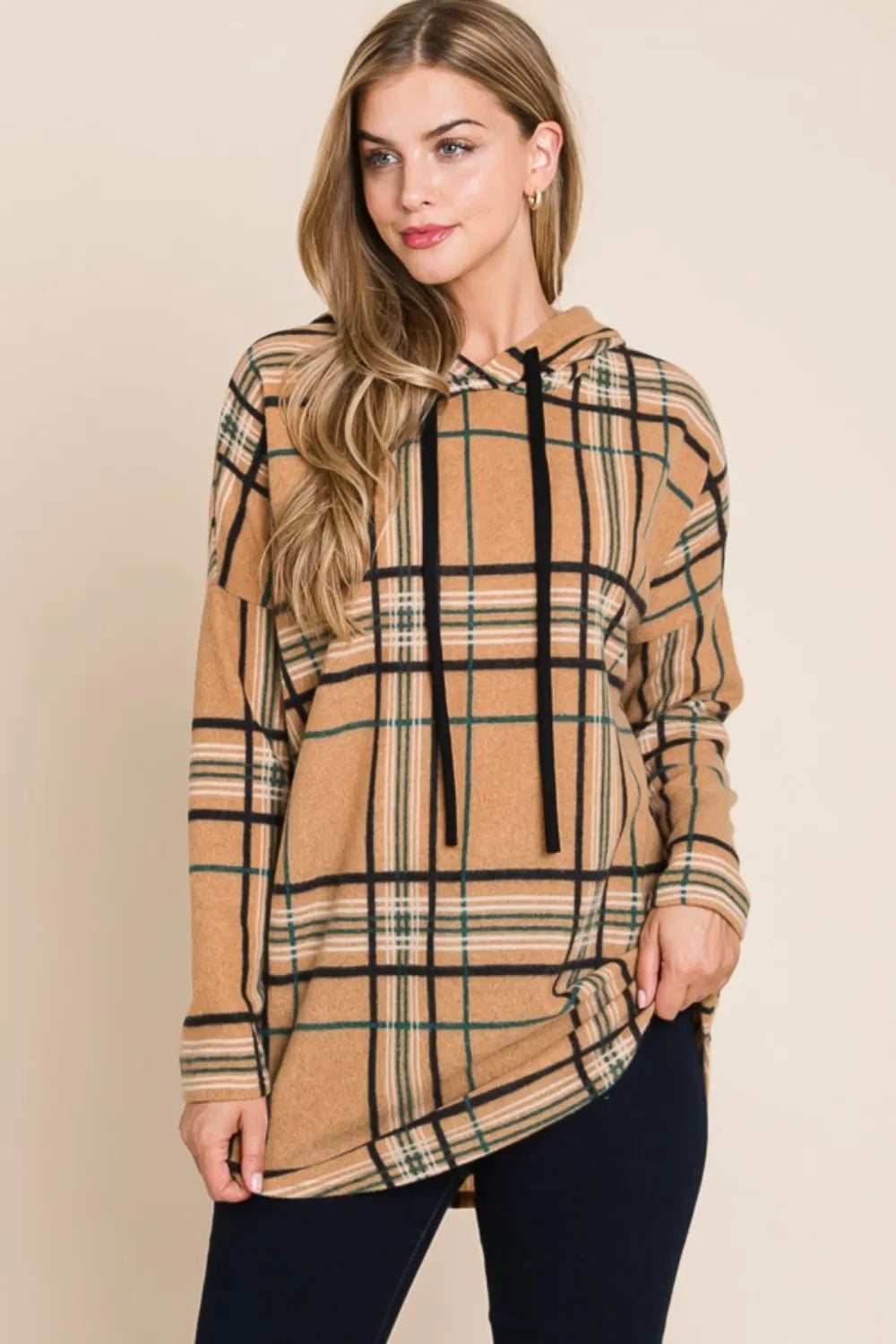 Taupe BOMBOM plaid drawstring hoodie, angled front view