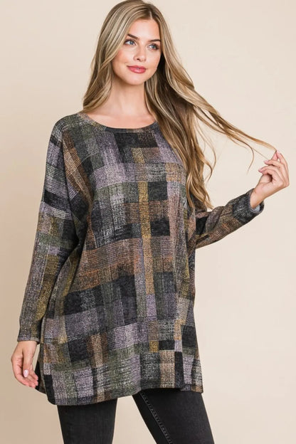 Front view of the BOMBOM multicolour plaid round-neck long-sleeve top