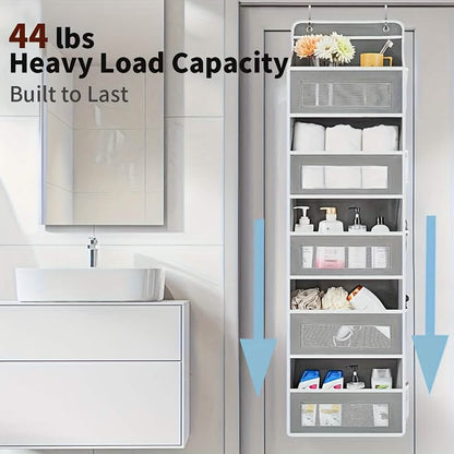 Grey five-tier over-door organizer in a bathroom setting; toiletries, towels and room furnishings are not included.