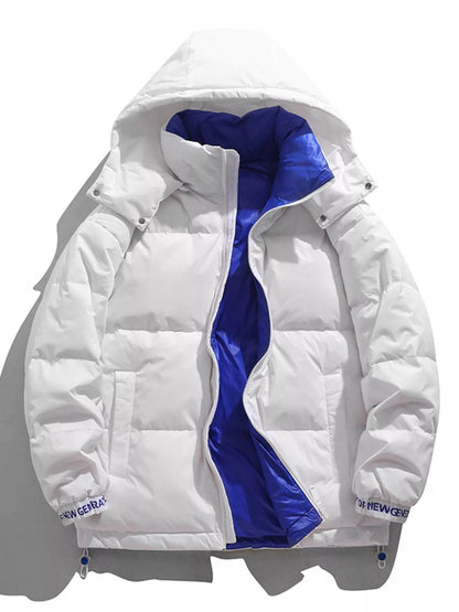 Men's white hooded jacket with blue contrast lining, garment-only front view