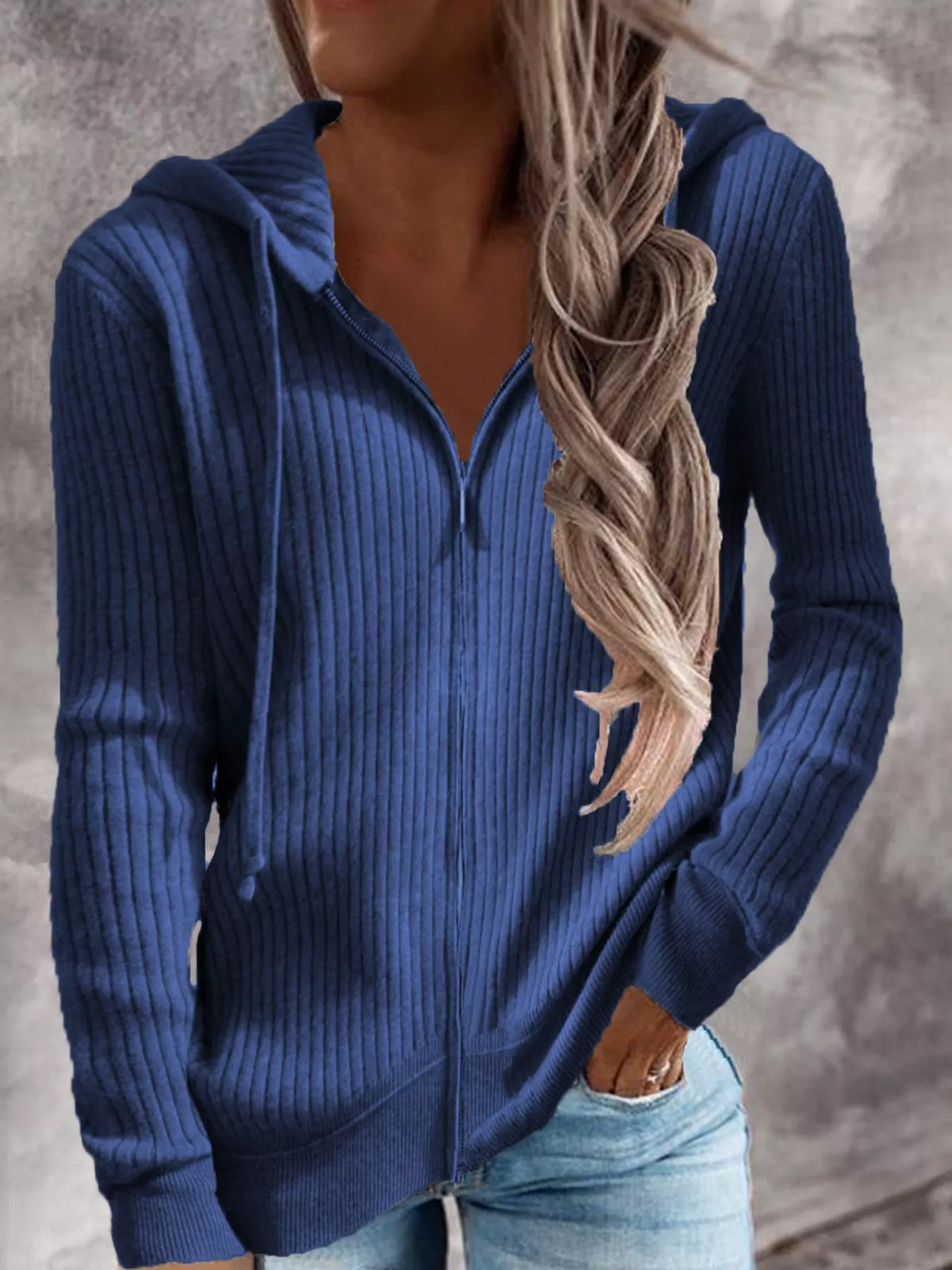 Front or angled view of the blue ribbed zip-front hooded cardigan with long sleeves.