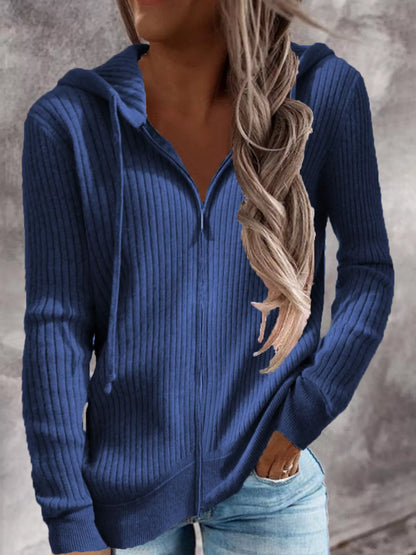 Front or angled view of the blue ribbed zip-front hooded cardigan with long sleeves.