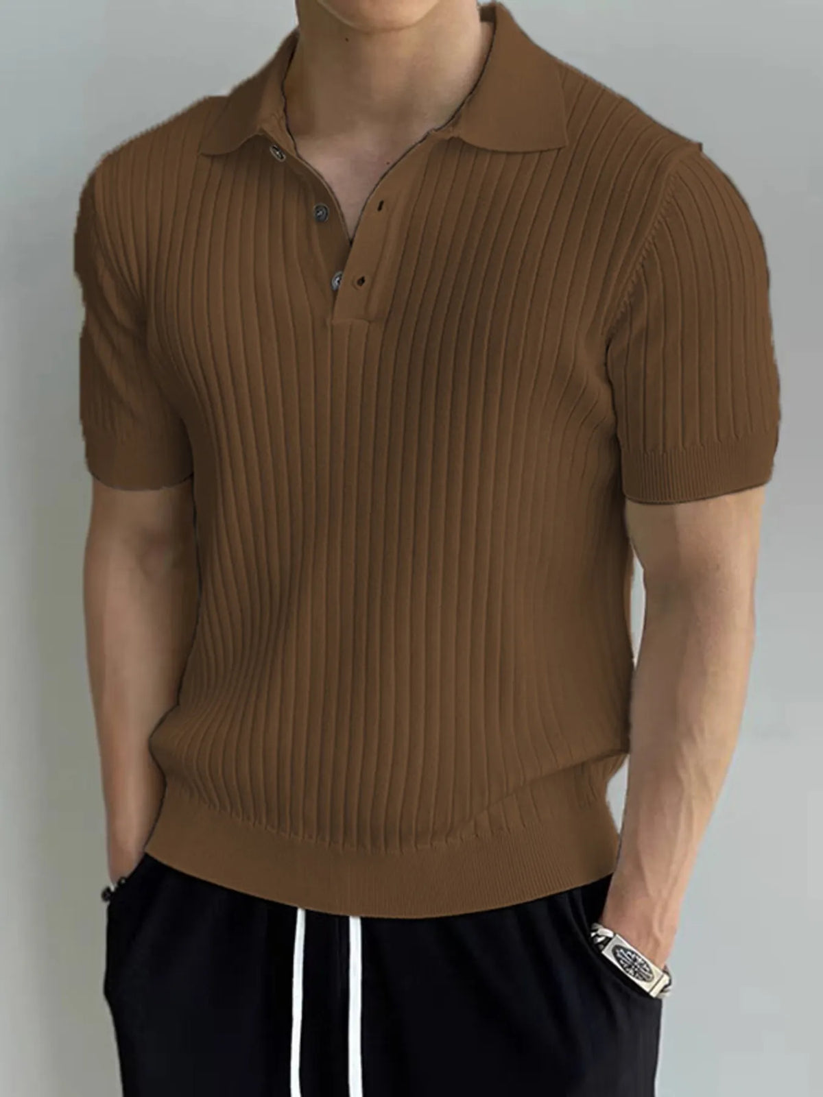 Men's Coffee Brown ribbed knit polo, front view