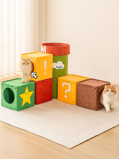 Example arrangement of several felt cat houses; each house sold separately