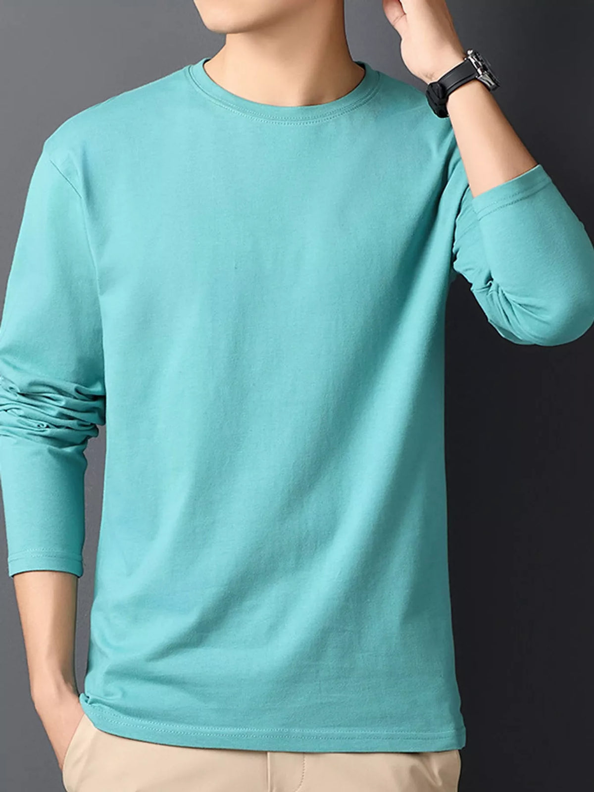 Pastel Blue men's cotton long-sleeve crewneck tee, front view.