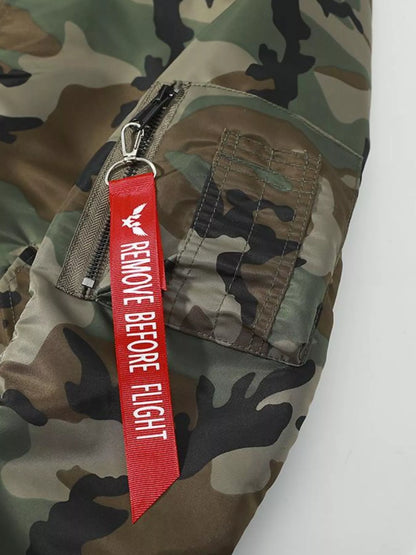 Camouflage jacket sleeve pocket with zipper, stitched pen slots and red decorative tag