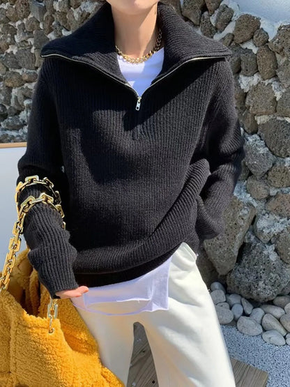 Half-zip long-sleeve ribbed sweater with a high collar.