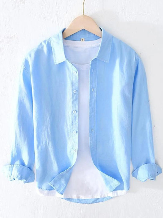 Sky Blue long-sleeve shirt on a hanger, front view with white undershirt