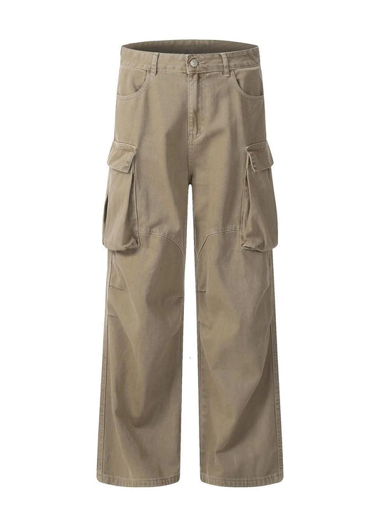 Khaki men's cargo jeans, full front view
