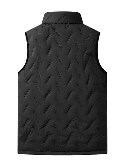 Black stand-collar men's fleece-lined quilted vest, alternate rear view. One vest only.