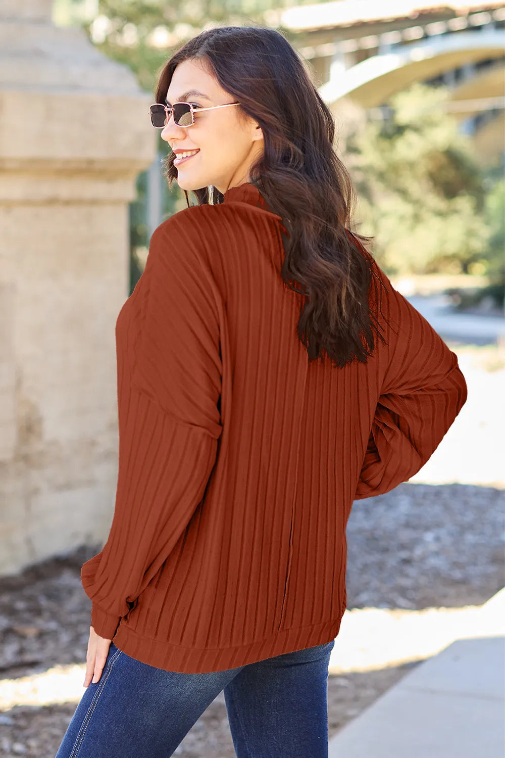 Basic Bae ribbed mock-neck long-sleeve knit top in Rust, back view; top only.