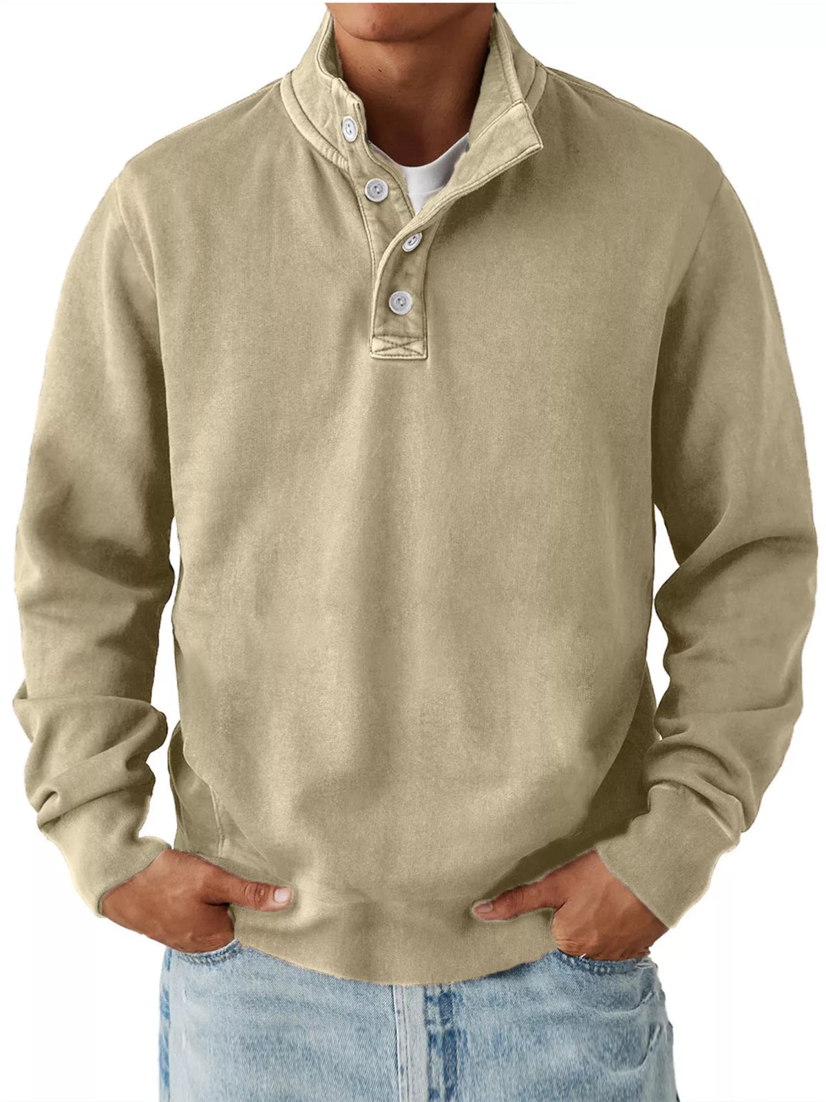 Khaki men’s long-sleeve sweatshirt with stand collar and button placket, worn over a separate light T-shirt and jeans. One sweatshirt only.