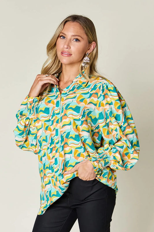 Double Take Full Size Printed Smocked Long Sleeve Blouse product view