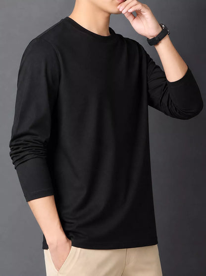 Black men's cotton long-sleeve crewneck tee, front view.